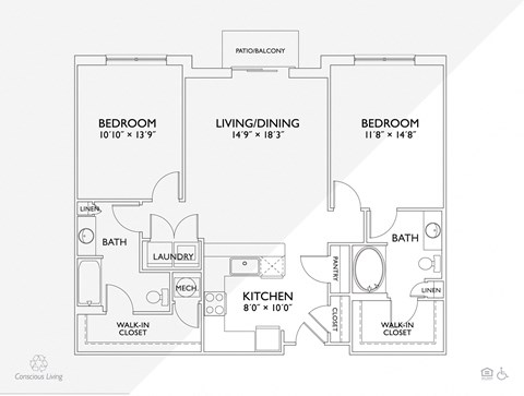 Floor plan for 2 beds, 2 baths, 1170 sqft